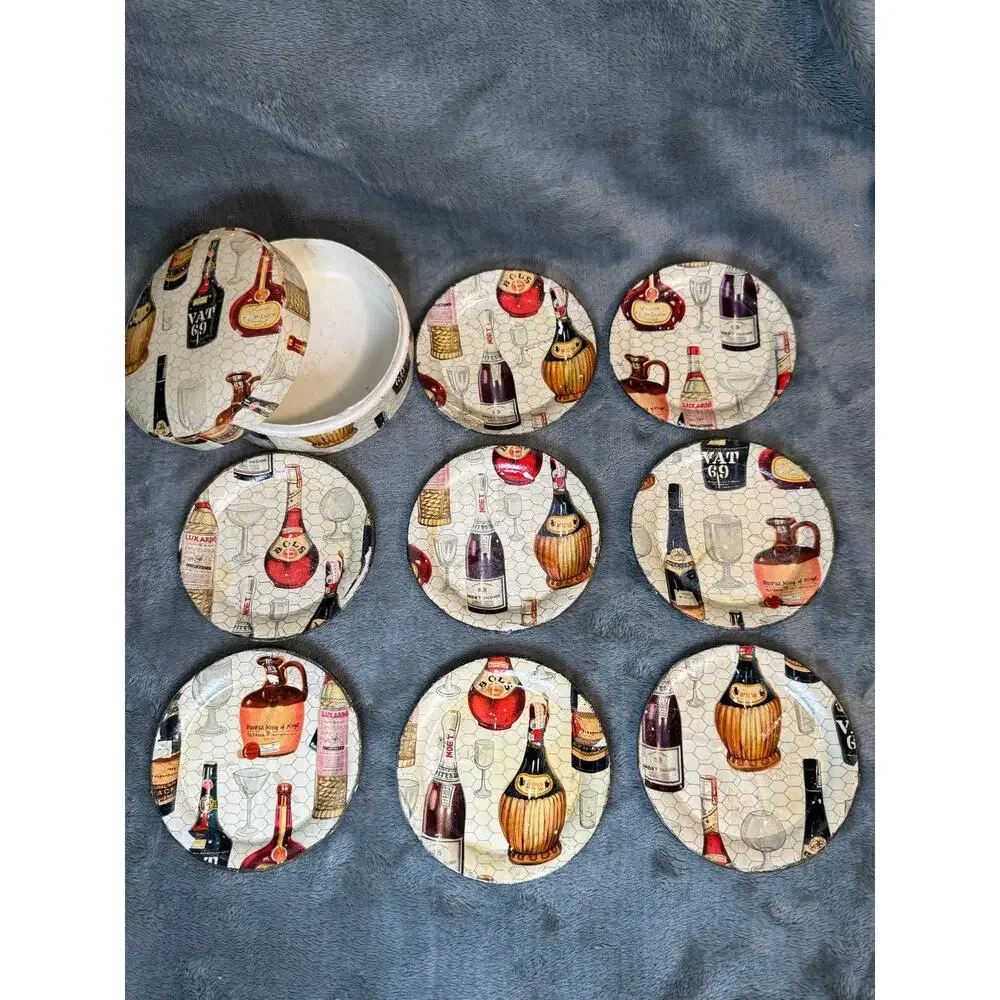 1950's Lot 18 Piece Barware Set Liquor Bottle Design Tray Plates Bottle Opener